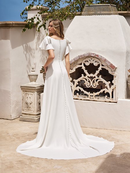 Crepe Back Satin A-Line Modest Gown Style M5093 with Buttons Along Sweep Train Crepe Back Satin A-Line Modest Gown Style M5093 with Buttons Along Sweep Train