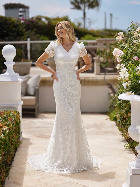 Modest M5095 Embroidered Lace Fabric with Sequins Mermaid with Lined Cap Short Puff Sleeves Modest M5095 Embroidered Lace Fabric with Sequins Mermaid with Lined Cap Short Puff Sleeves