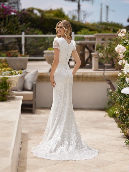 M5095 Modest Wide V-Back Neckline Sparkly Embroidered Lace Fabric with Sweep Train M5095 Modest Wide V-Back Neckline Sparkly Embroidered Lace Fabric with Sweep Train