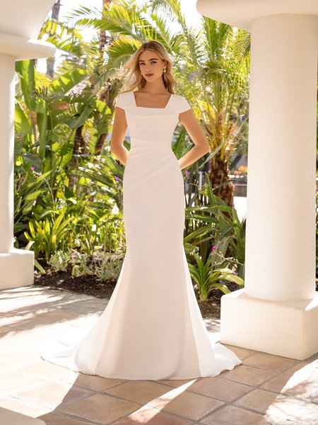 Style M5103 Square neck short sleeves crepe back satin temple ready mermaid wedding dress Style M5103 Square neck short sleeves crepe back satin temple ready mermaid wedding dress
