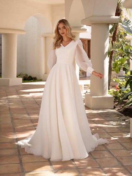 Style M5104 Wide V-neck long bishop with lined cap sleeves crepe and organza temple ready A-line dress