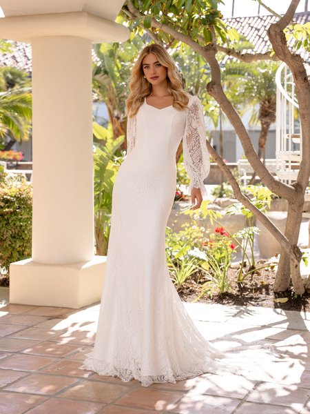 Style M5105 Sweetheart with illusion long puff sleeves with ruffled cuff temple ready mermaid in all lace fabric