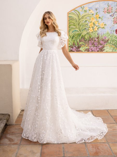 Style M5106 Re-embroidered lace fabric with sequins bateau neck flutter short sleeves with lined cap temple ready A-line gown