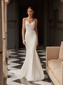 Moonlight Tango T102 Figure-Flattering Beaded Lace Appliques and Crepe Mermaid with Sweetheart Neckline Moonlight Tango T102 Figure-Flattering Beaded Lace Appliques and Crepe Mermaid with Sweetheart Neckline
