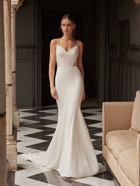 Moonlight Tango T102 Figure-Flattering Beaded Lace Appliques and Crepe Mermaid with Sweetheart Neckline Moonlight Tango T102 Figure-Flattering Beaded Lace Appliques and Crepe Mermaid with Sweetheart Neckline
