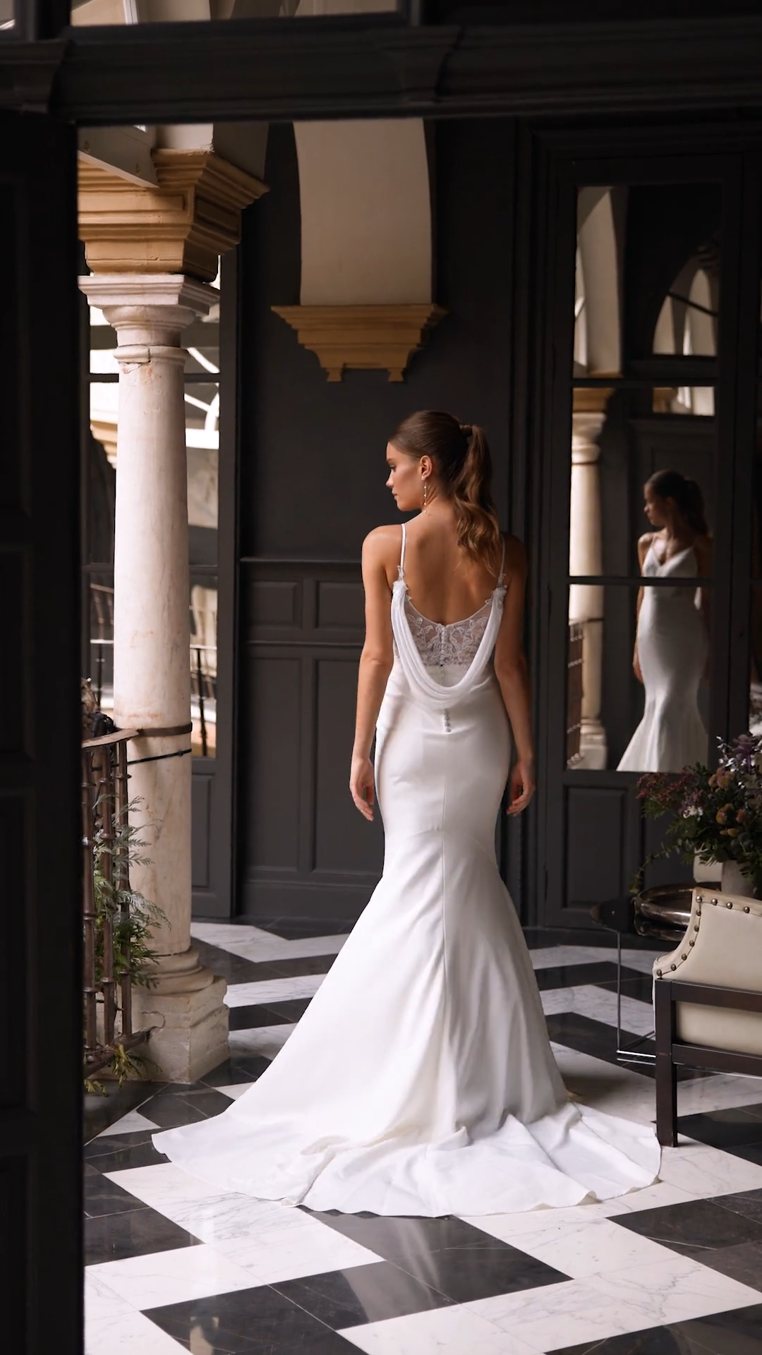 Moonlight Tango T102 Chic Sweetheart and Open Illusion V-Back Crepe Mermaid with Detachable Chiffon Cowl Back Moonlight Tango T102 Chic Sweetheart and Open Illusion V-Back Crepe Mermaid with Detachable Chiffon Cowl Back