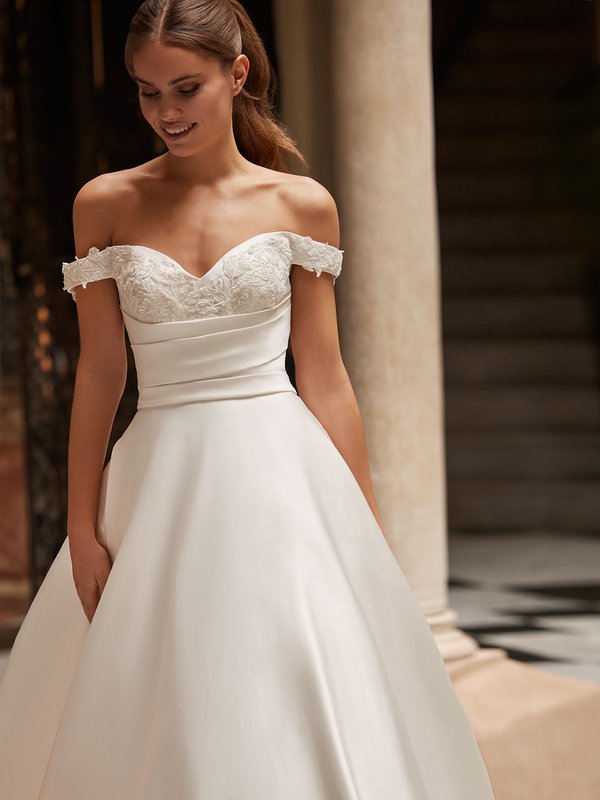 Moonlight Tango T104 Satin and Beaded Lace Appliques Off-Shoulder Cap Sleeves A-Line Gown with Pleated Bodice