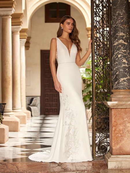 Deep V-Neck with Illusion Inset and Drop Waist Crepe Back Satin Mermaid Gown Moonlight Tango T105 Deep V-Neck with Illusion Inset and Drop Waist Crepe Back Satin Mermaid Gown Moonlight Tango T105