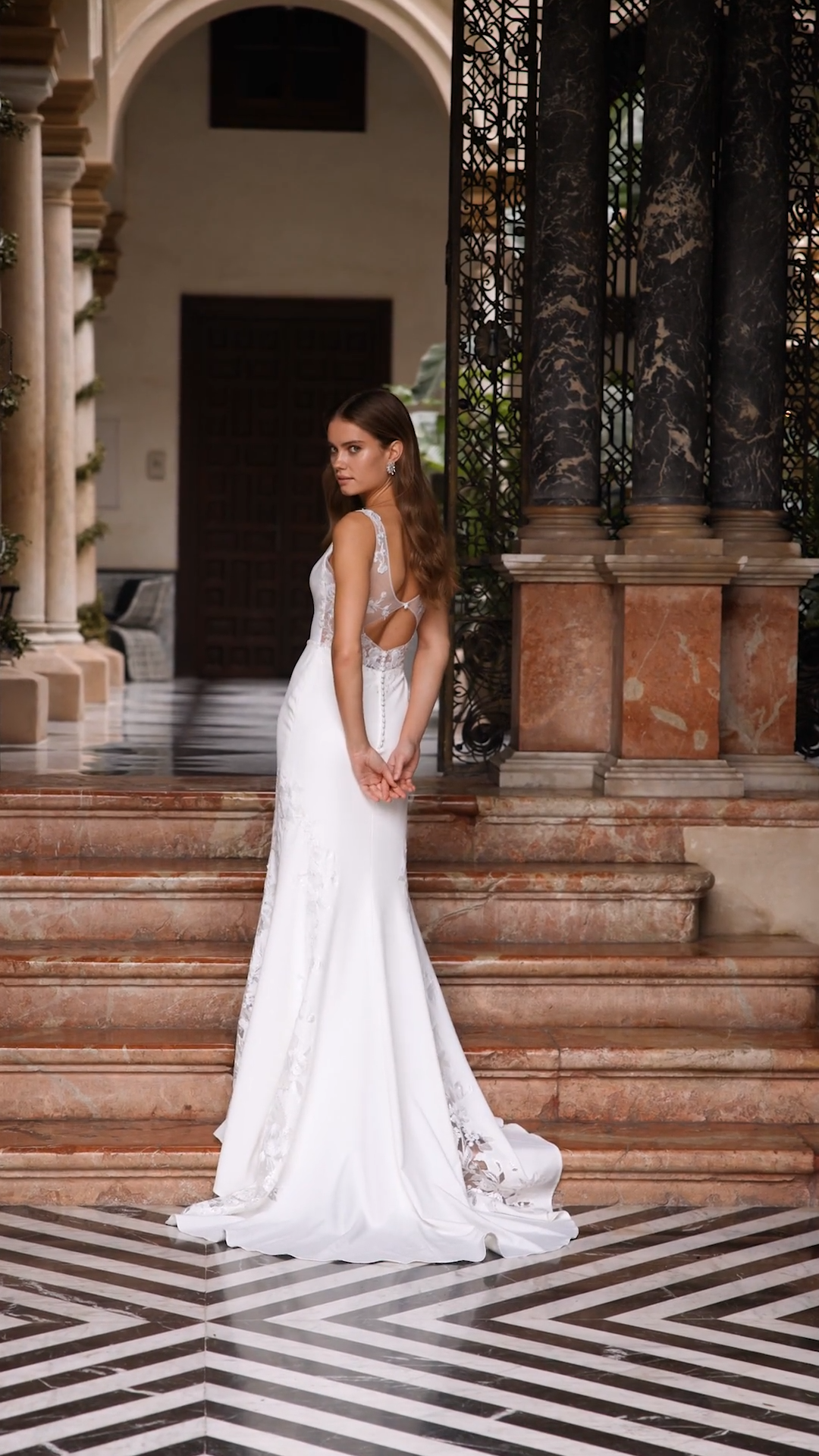 Moonlight Tango T105 Deep V-Neck and Deep V-Illusion Keyhole Back Crepe Mermaid Destination Wedding Dress