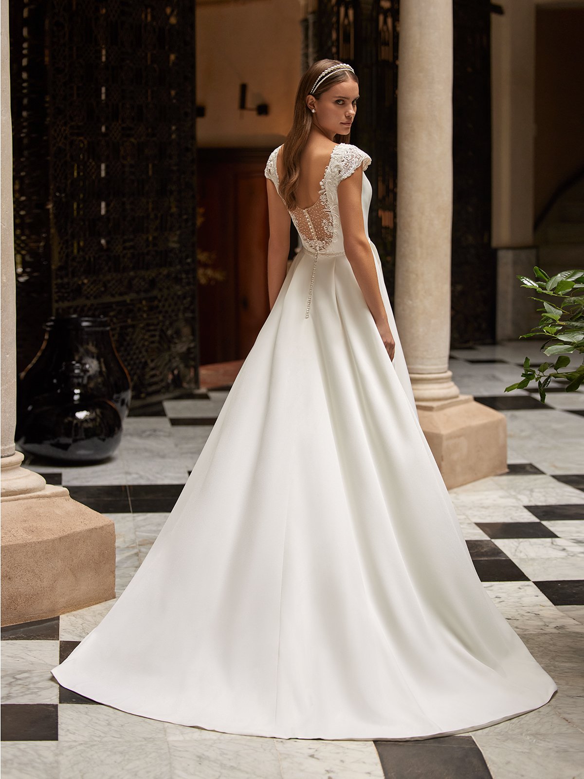 Beaded Illusion Scoop A-Line Gown with Lace Short Sleeves
