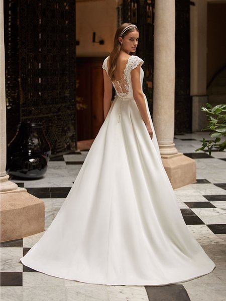 Illusion Scoop Back with Beaded Illusion Inset Crepe A-Line Gown with Sweep Train Moonlight Tango T106