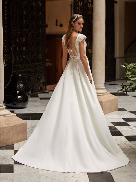 Illusion Scoop Back with Beaded Illusion Inset Crepe A-Line Gown with Sweep Train Moonlight Tango T106 Illusion Scoop Back with Beaded Illusion Inset Crepe A-Line Gown with Sweep Train Moonlight Tango T106