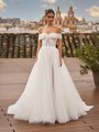 Moonlight Tango T107 Detachable Ruched Off-Shoulder Jacket over Sweetheart Unlined Bodice Lace Appliques and Tulle Ball Gown