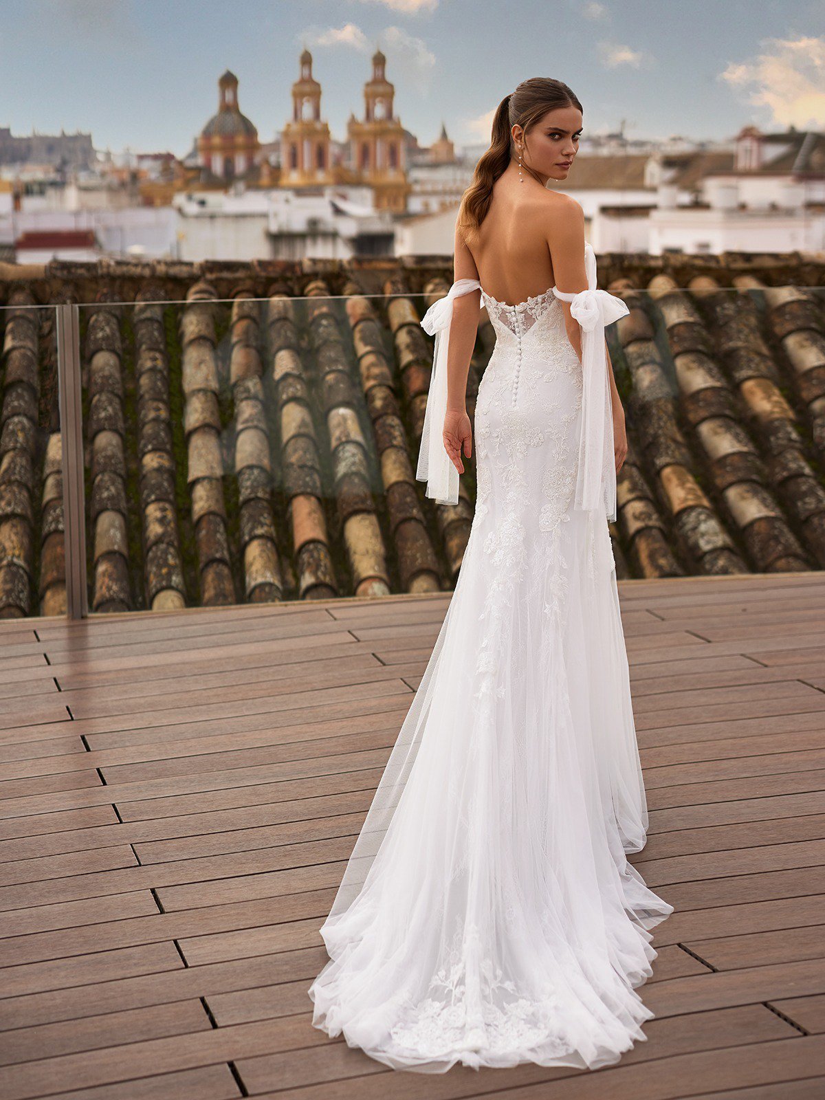 Strapless Sweetheart Mixed Lace Mermaid Gown With Bow Sleeves Strapless Sweetheart Mixed Lace Mermaid Gown With Bow Sleeves