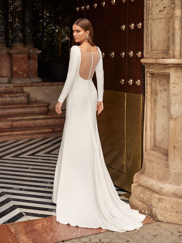 Sexy Illusion Scoop Back Crepe Back Satin Trumpet Gown with Sweep Train Moonlight Tango T110