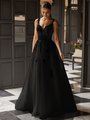 Bold and Chic Deep V-Neck and Deep Illusion Scoop Back All Black A-Line Moonlight Tango T111