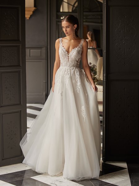 Moonlight Tango T111 Sparkly Lace Appliques and Tulle Deep V-Neck with Illusion Inset Lace Appliques A-Line Gown Moonlight Tango T111 Sparkly Lace Appliques and Tulle Deep V-Neck with Illusion Inset Lace Appliques A-Line Gown