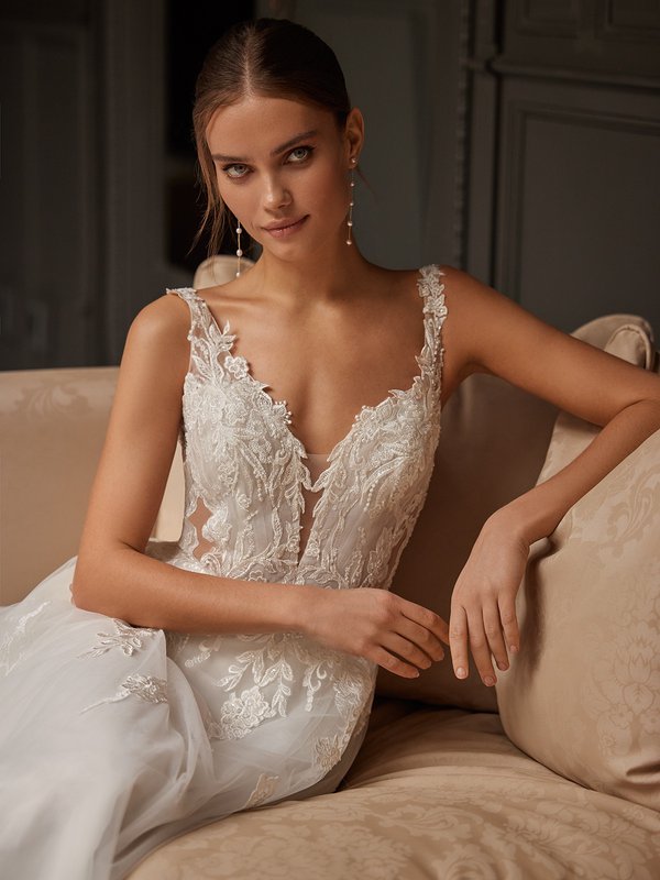 Black A-Line Wedding Dress with Tulle & Beaded Floral Lace