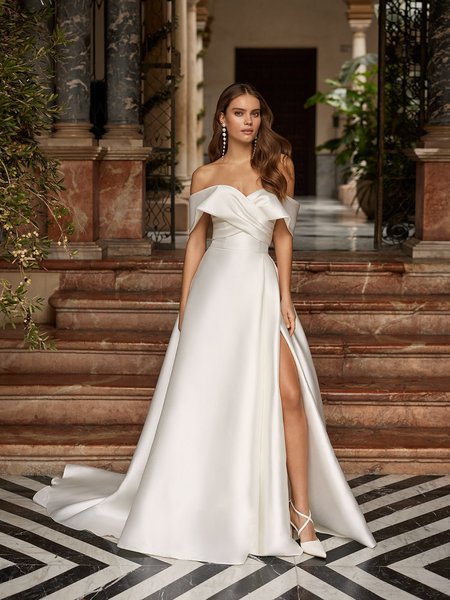 Moonlight Tango T112 Stylish Off-Shoulder Mikado Ruched Bodice A-Line with Pleats and High Leg Slit Moonlight Tango T112 Stylish Off-Shoulder Mikado Ruched Bodice A-Line with Pleats and High Leg Slit