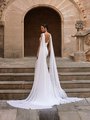 Low v-neckline mermaid crepe wedding dress with scattered pearls and chiffon tails 