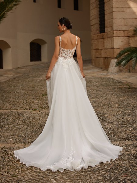 Illusion scoop back wedding dress with corset boning and A-line tulle skirt