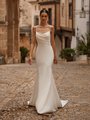 Soft scoop neckline with spaghetti straps stretch crepe wedding dress with drop waist for curvy brides