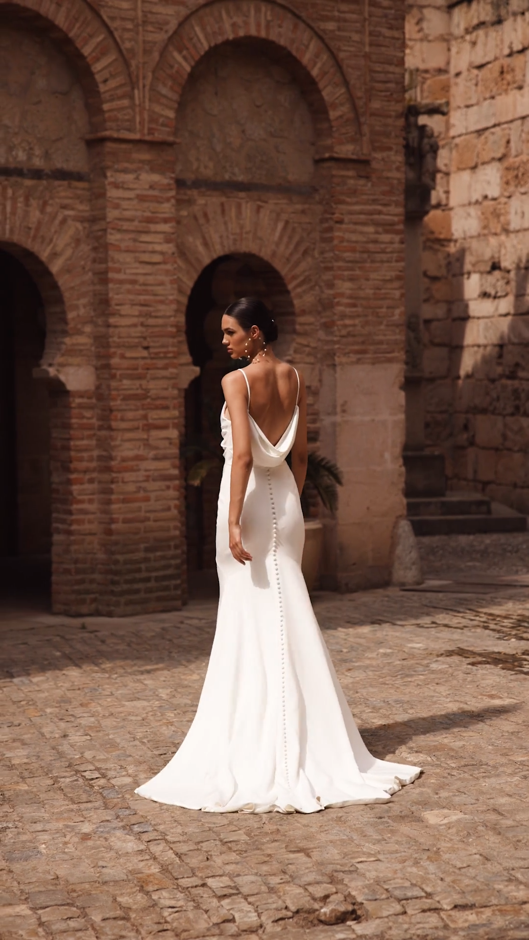 Hollywood Glam stretch crepe wedding dress with cowl back and drop waistline