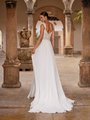 Low V-neckline wedding dress with cap sleeves and beaded leaf bodice and sweep train