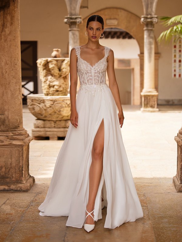 Chiffon A-line Wedding Dress With Leg Slit and Beaded Lace Bodice with Cap Sleevesq