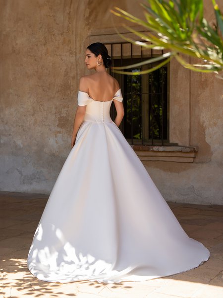 Off-The-Shoulder Satin Mock Two-Piece A-Line with Sweep Train Bridal Gown Moonlight Tango T168 Off-The-Shoulder Satin Mock Two-Piece A-Line with Sweep Train Bridal Gown Moonlight Tango T168