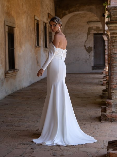Open Back Regal Crepe Mermaid Gown with Detachable Off-Shoulder Sleeves Moonlight Tango T173 Open Back Regal Crepe Mermaid Gown with Detachable Off-Shoulder Sleeves Moonlight Tango T173