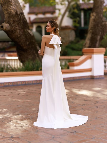 Chic halter back crepe mermaid wedding gown with detachable tie bow at back halter and sweep train Moonlight Tango T181