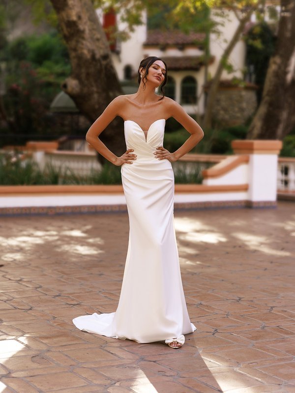 Moonlight Tango T182 Strapless pointed deep sweetheart with illusion inset soft stretch satin and net mermaid wedding dress