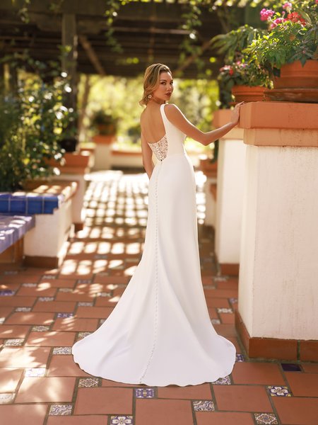 Moonlight Tango T183 Scoop illusion back crepe back satin and lace fabric mermaid gown with buttons to end of sweep train