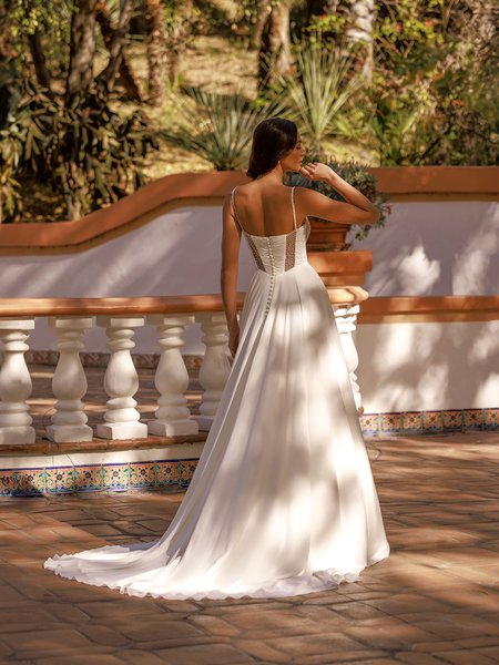 Moonlight Tango T184 Ruched open back with beaded straps and cutouts chiffon A-line wedding dress