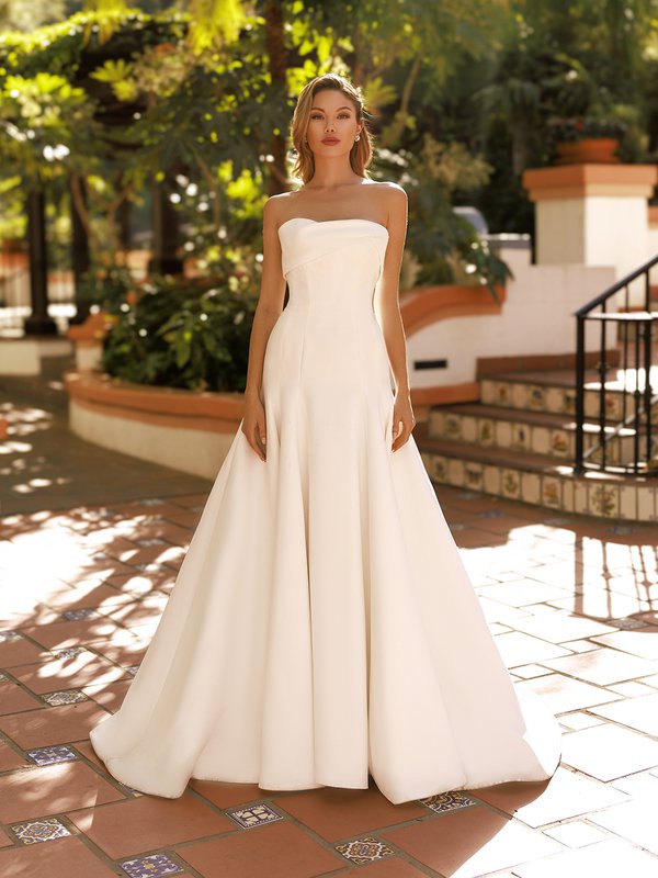 Moonlight Tango T185 Strapless soft sweetheart double face crepe fit and flare wedding dress