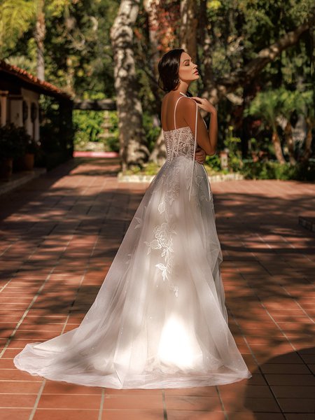 Moonlight Tango T187 Unlined open back lace and tulle A-line with sweep train