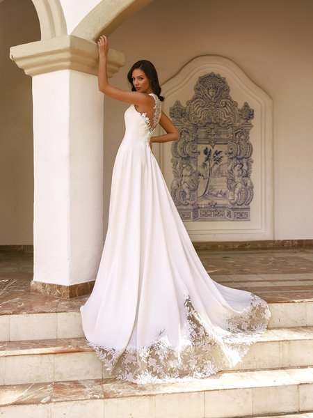 Moonlight Tango T188 Crystal buttons along illusion bateau back with lace appliques A-line with cutout lace train