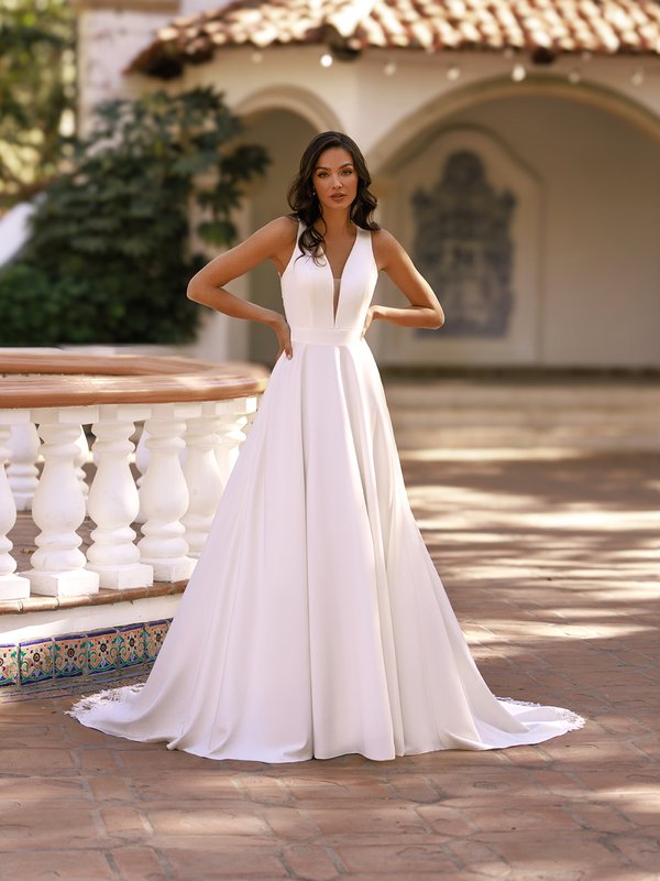 Moonlight Tango T188 V-neck with light nude illusion inset crepe back satin A-line with stretch jersey lining