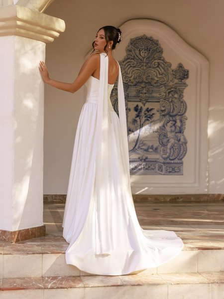 Moonlight Tango T191 Strapless open back stretch satin A-line with sweep train wedding dress