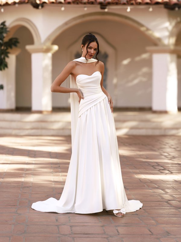 Moonlight Tango T191 Asymmetrical waist stretch satin A-line with ruched bodice and optional shawl sold separately