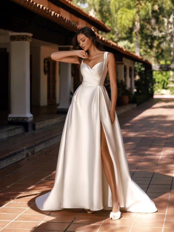 Moonlight Tango T192 Sweetheart with straps ruched front bodice mikado A-line with leg slit
