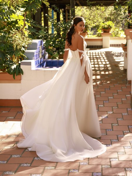 Moonlight Tango T193 Open back and detachable tie swag sleeves organza and crepe A-line with chapel train
