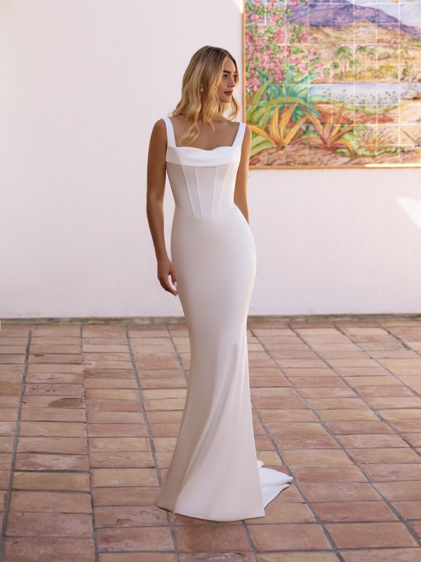 Moonlight Tango T202 Sweetheart with tank straps with exposed boning basque waist duchess satin mermaid gown