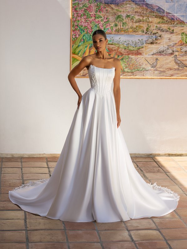 Strapless scoop neck basque waist satin with exposed boning A-line wedding gown Moonlight Tango T203