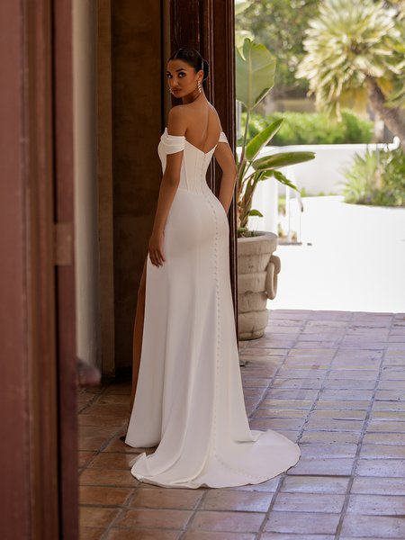 Moonlight Tango T204 Open V-back duchess satin mermaid with buttons to end of sweep train