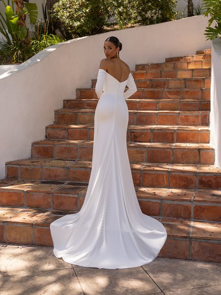 Moonlight Tango T205 Open V-back with ruching mermaid with buttons to end of sweep train