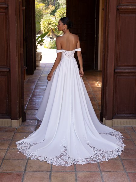 Ruched bodice open back A-line with buttons to end of crepe with cutout lace train Moonlight Tango T207