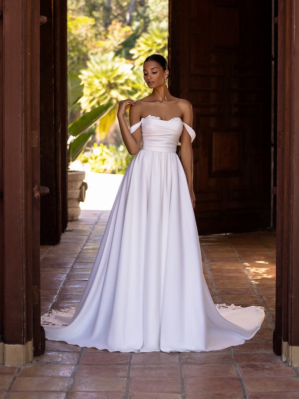 Moonlight Tango T207 Detachable swag sleeves sweetheart with ruched bodice crepe A-line