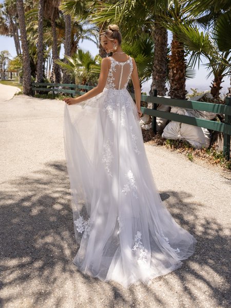 Moonlight Tango T208 Illusion scoop back with tulle and beaded lace appliques A-line with sweep train